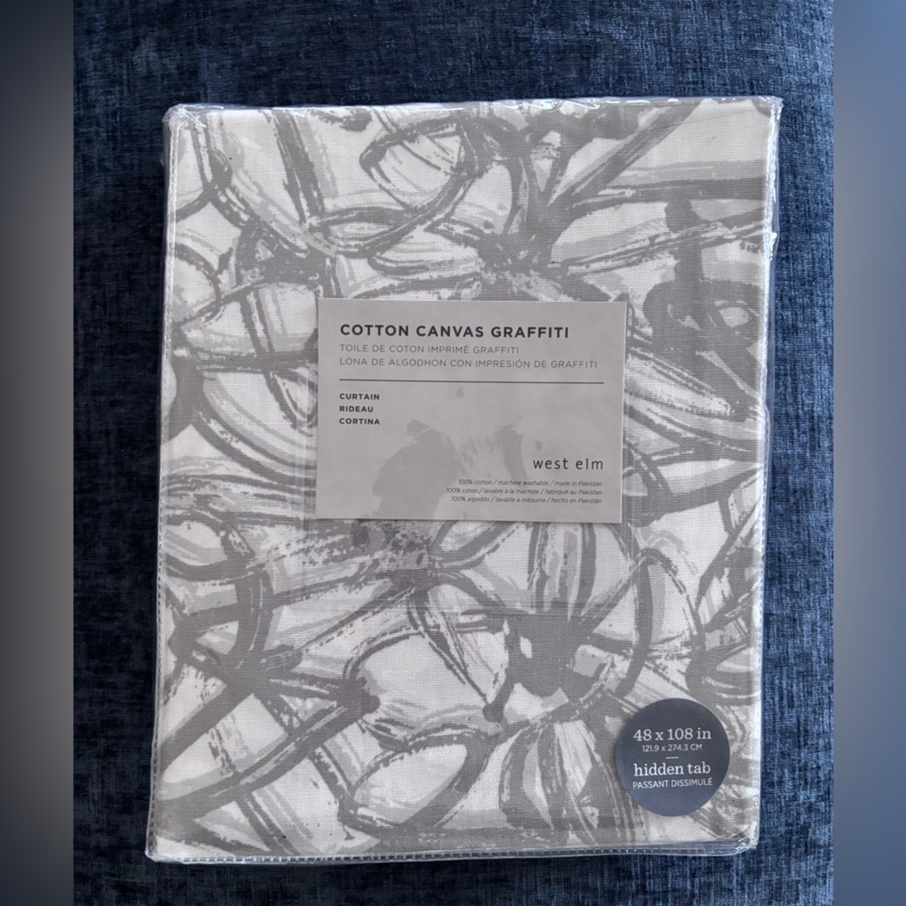 West Elm Gray and White Cotton Canvas Curtain 48”x108” (D5526)